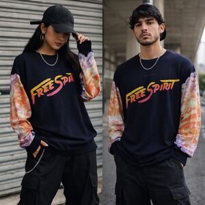 Khalid Free Spirit Long Sleeve Tie Dye Shirt Navy Blue Graphic Concert Tee Large